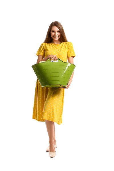 Beautiful Housewife Holding Green Basket Laundry White Background — Stock Photo, Image