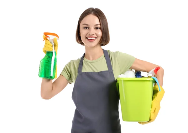 Mooie Jonge Vrouw Met Schoonmaak Benodigdheden Witte Achtergrond — Stockfoto