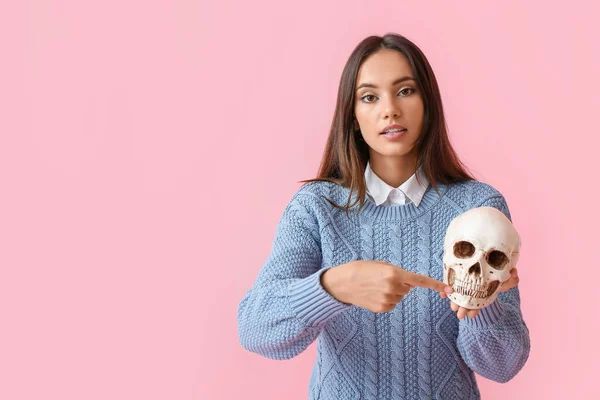 Young Woman Human Skull Color Background — Stock Photo, Image