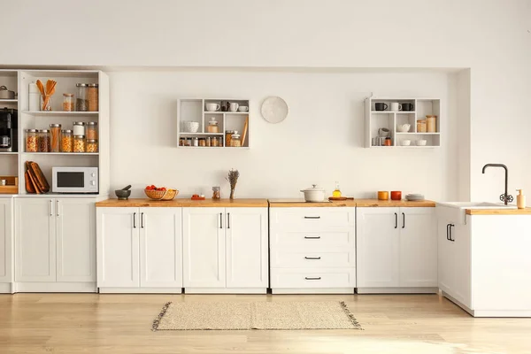 Interior Light Modern Kitchen White Counters Shelves Food — Stock Photo, Image