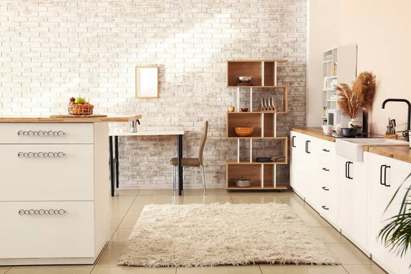 Interior Modern Kitchen White Counters Shelving Unit Brick Wall — Stock Photo, Image