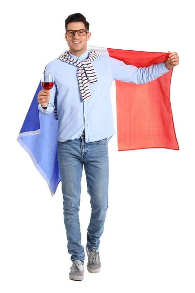 Knappe Jongeman Met Vlag Van Frankrijk Wijn Geïsoleerd Wit — Stockfoto