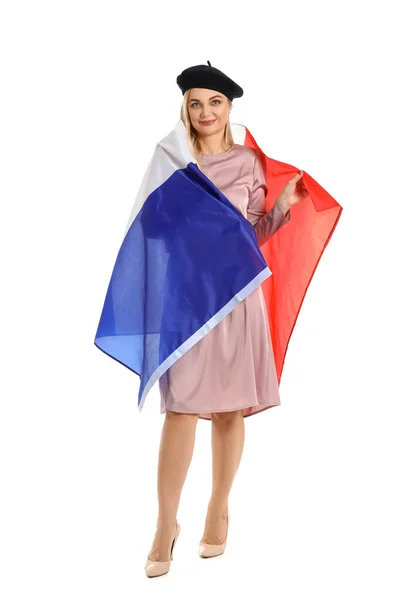 白に隔離されたフランスの旗を持つ美しい女性 — ストック写真