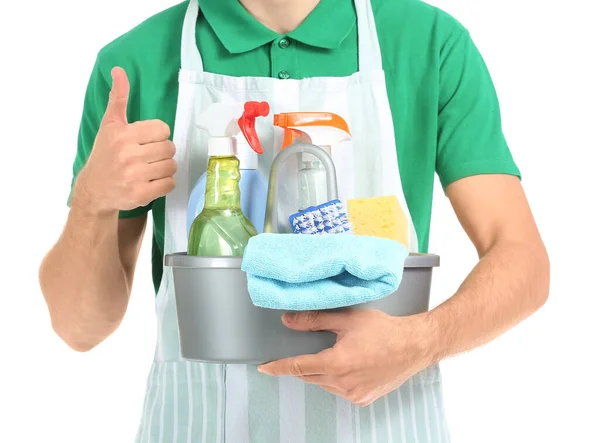 Young Worker Cleaning Service Supplies Showing Thumb White Background — Stock Photo, Image