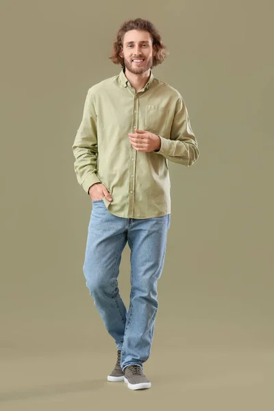Handsome Man Shirt Green Background — Stock Photo, Image