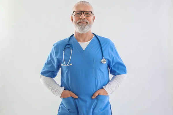 Mature Male Doctor Stethoscope White Background — Stock Photo, Image