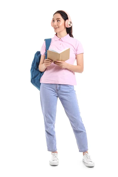 Retrato Bela Estudante Com Livro Fones Ouvido Sobre Fundo Branco — Fotografia de Stock