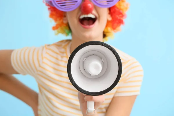 Young Woman Funny Disguise Shouting Megaphone Blue Background Closeup April — Stock Photo, Image