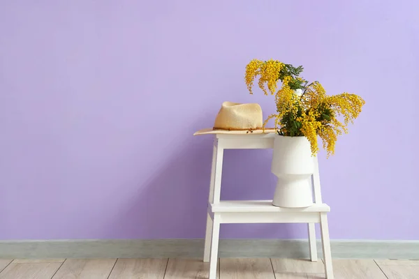 Vase Mimosa Flowers Hat Step Ladder Purple Wall Room — Stock Photo, Image