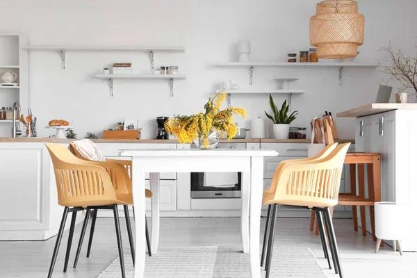 Stylish Interior Light Kitchen Modern Furniture Mimosa Flowers — Stock Photo, Image