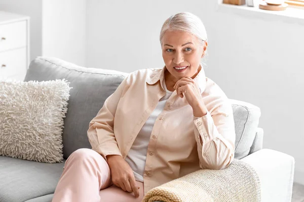 Mature Woman Sitting Soft Sofa Home — Stock Photo, Image