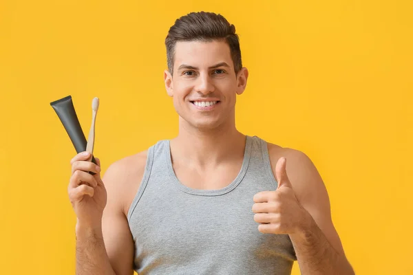 Handsome Young Man Activated Charcoal Tooth Paste Brush Showing Thumb — Stock Photo, Image