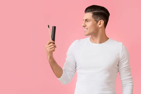 Handsome Young Man Activated Charcoal Tooth Paste Brush Pink Background — Stock Photo, Image