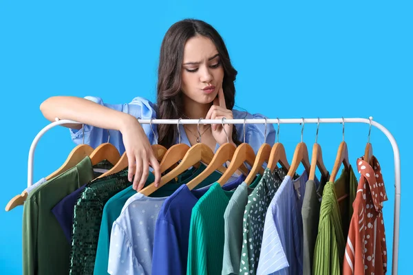Beautiful Thoughtful Young Girl Rack Clothes High School Prom Blue — Stock Photo, Image