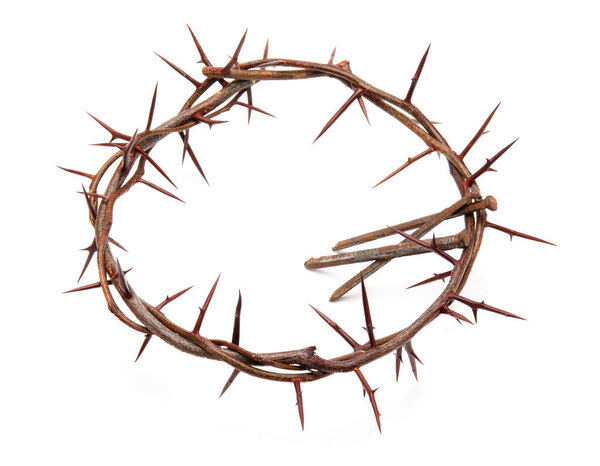 Crown of thorns with nails on white background