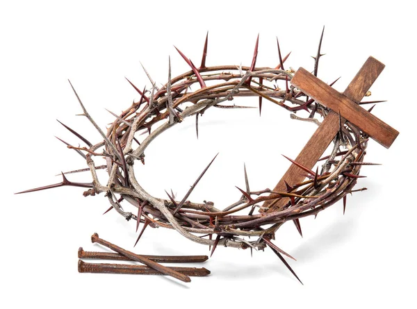 白い背景に十字架と釘が打たれたとげの冠 — ストック写真