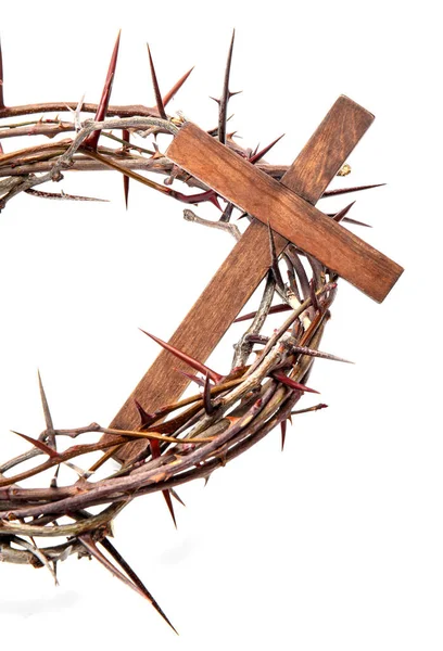 Crown Thorns Wooden Cross White Background — Stock Photo, Image