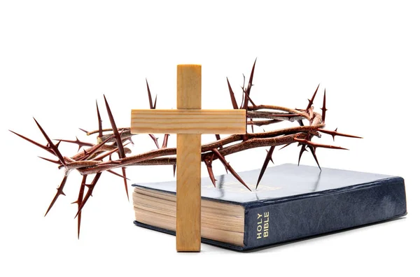 Crown Thorns Holy Bible Cross White Background — Stock Photo, Image