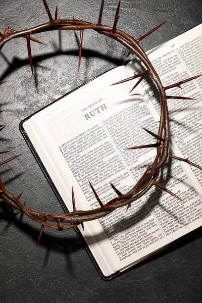 Crown of thorns with Holy Bible on dark background