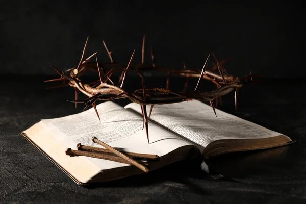Crown Thorns Holy Bible Nails Dark Background — Stock Photo, Image