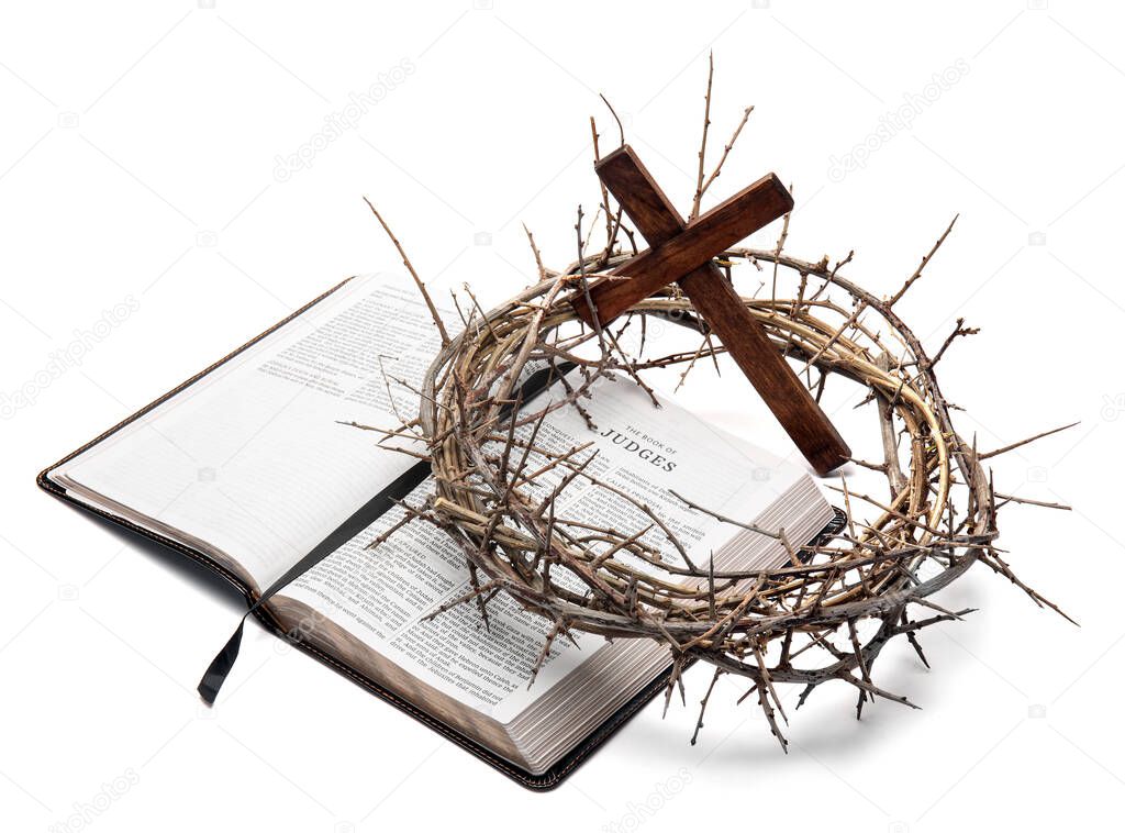 Crown of thorns with Holy Bible and cross on white background