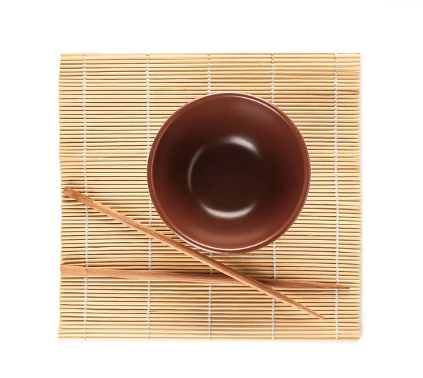 Bamboo Mat Chinese Bowl Chopsticks White Background — Stock Photo, Image