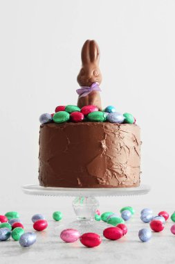 Çikolatalı tavşan ve hafif arka planda şekerlerle süslenmiş lezzetli Paskalya pastası.
