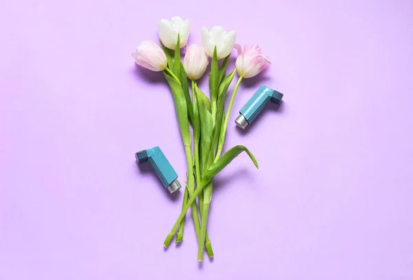 Beautiful Tulip Flowers Inhalers Lilac Background — Stock Photo, Image