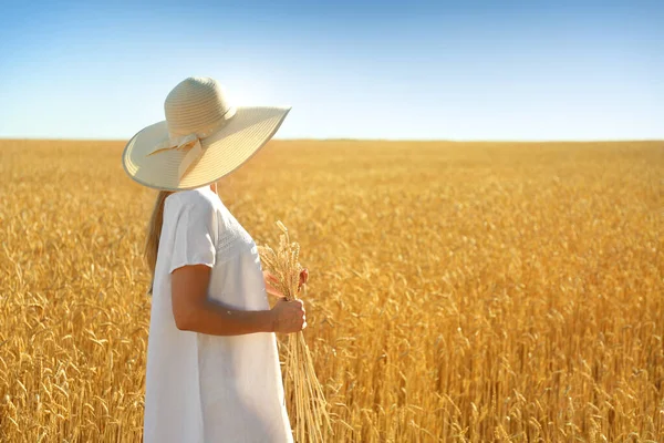 Beautiful Young Woman Ukrainian Wheat Field — Stock Photo, Image