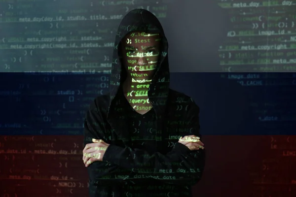 Silhouette Russian Hacker Dark Background — Stock Photo, Image