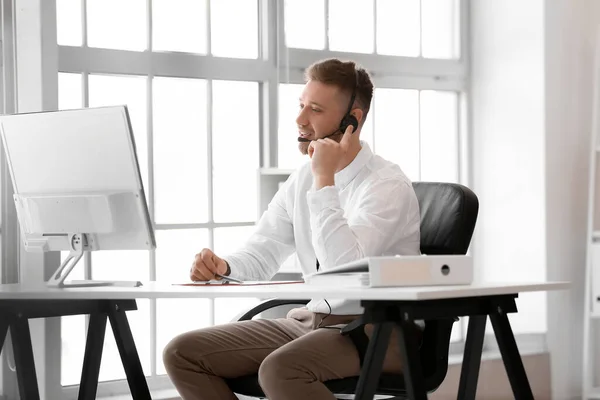 Handsome Consultant Call Center Working Table Office — Stock Photo, Image