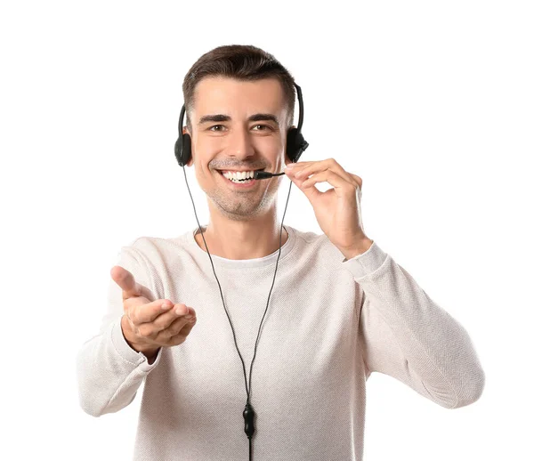 Answering Male Consultant Call Center Headset White Background — Stock Photo, Image