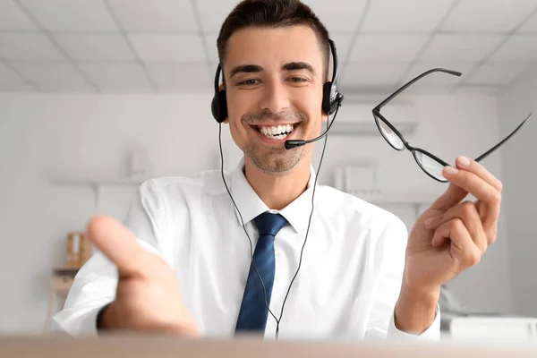 Male Consultant Call Center Eyeglasses Working Office — Stock Photo, Image