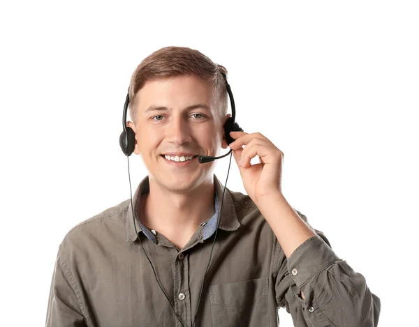 Jonge Consultant Van Call Center Shirt Met Headset Witte Achtergrond — Stockfoto