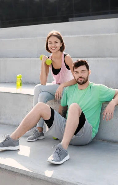 Sporty Young Couple Dumbbell Outdoors — Stock Photo, Image