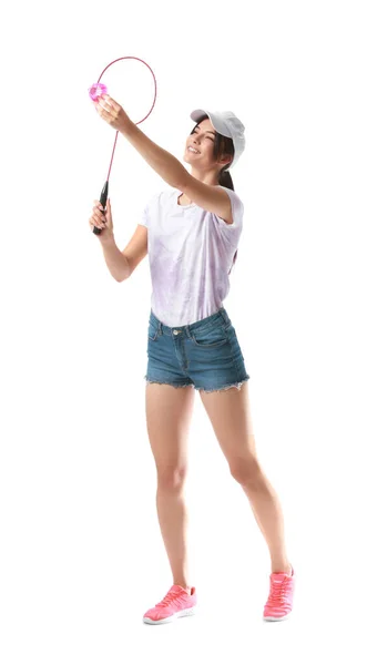 Beyaz Arka Planda Sportif Bayan Badminton Oyuncusu — Stok fotoğraf