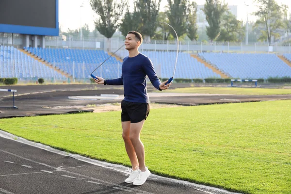 Handsome Young Man Skipping Rope Stadium — Stock Photo, Image