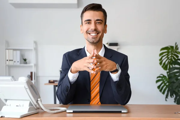 Handsome Businessman Video Chatting Table Office — Stock Photo, Image