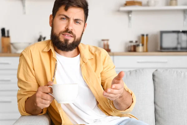 Handsome Young Man Cup Tea Video Chatting Kitchen — Stock Photo, Image