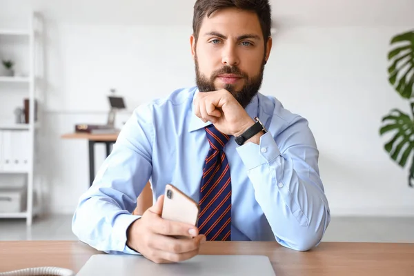 Handsome Young Businessman Mobile Phone Table Office — Stock Photo, Image