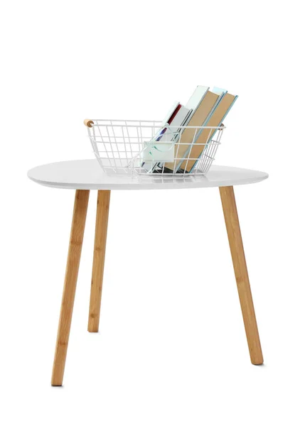 Modern Bedside Table Basket Books White Background — Stock Photo, Image