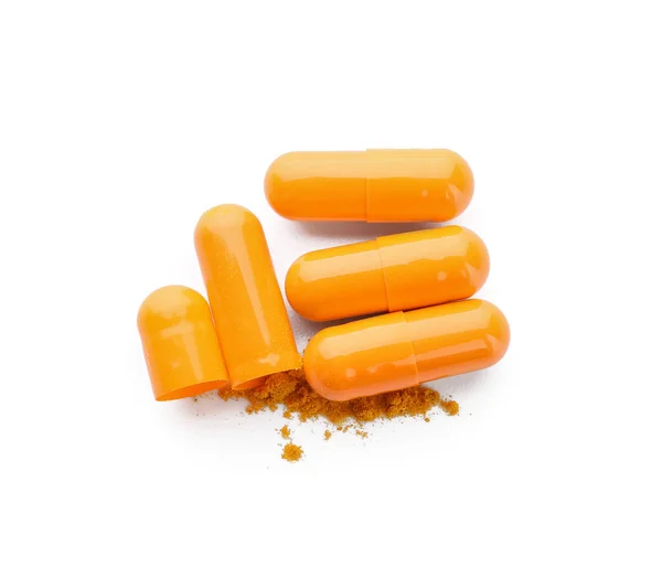 Turmeric Powder Capsules White Background — Stock Photo, Image