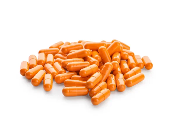 Pile Turmeric Powder Capsules White Background — Stock Photo, Image