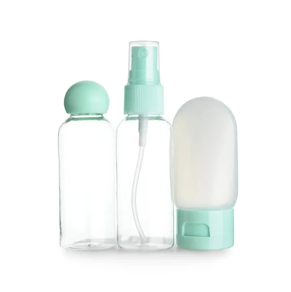 Tomma Resor Kosmetiska Flaskor Vit Bakgrund — Stockfoto