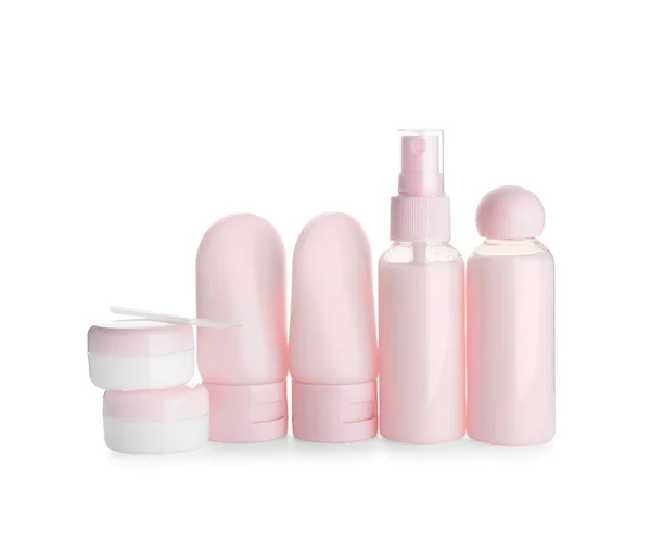 Set Travel Bottles Jars Cosmetic Products White Background — Stock Photo, Image