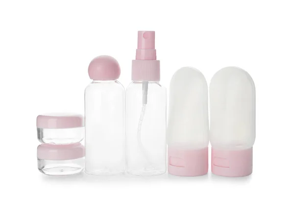 Set Empty Travel Cosmetic Bottles Jars White Background — Stock Photo, Image