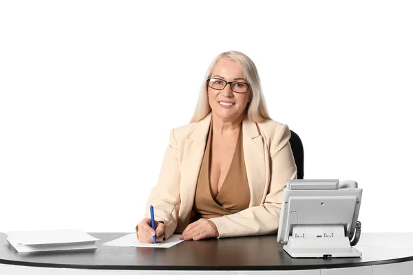 Mature Secretary Table White Background — Stock Photo, Image