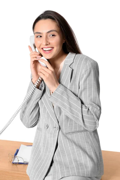 Portrait Young Secretary Talking Phone White Background — Stock Photo, Image