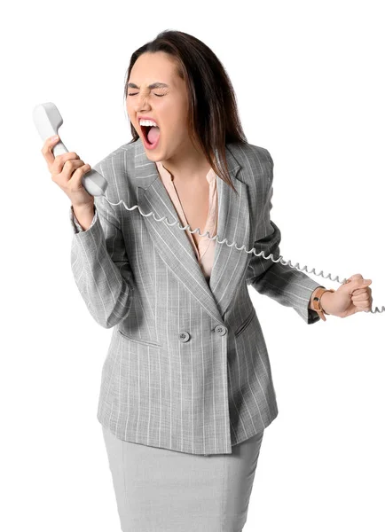 Portrait Angry Young Secretary Talking Phone White Background — Stock Photo, Image