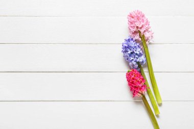 Hafif ahşap arka planda güzel sümbül çiçekleri